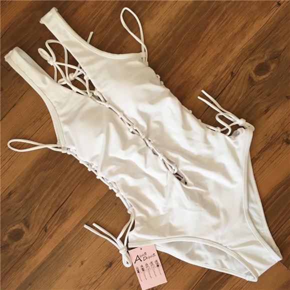 New! White Lace Up One Piece Bathing Swim Suit - Picture 6 of 15